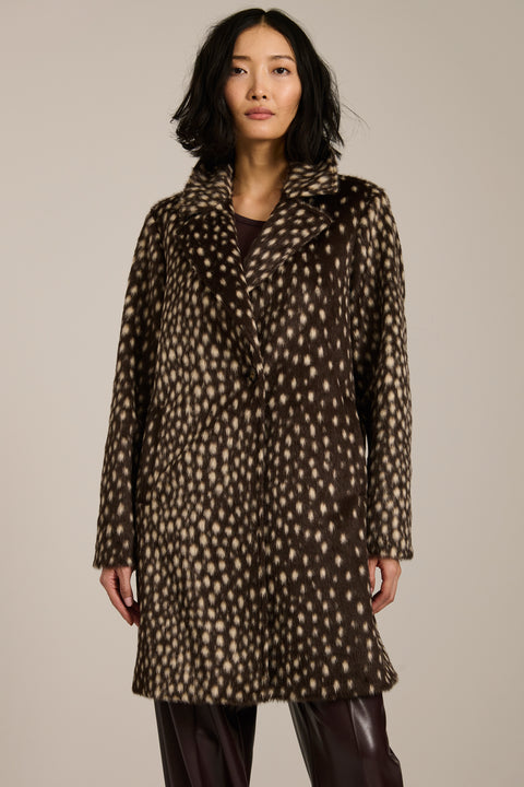 Bambi print faux calf hair tailored coat with notch lapels, single-breasted front and knee-length silhouette.