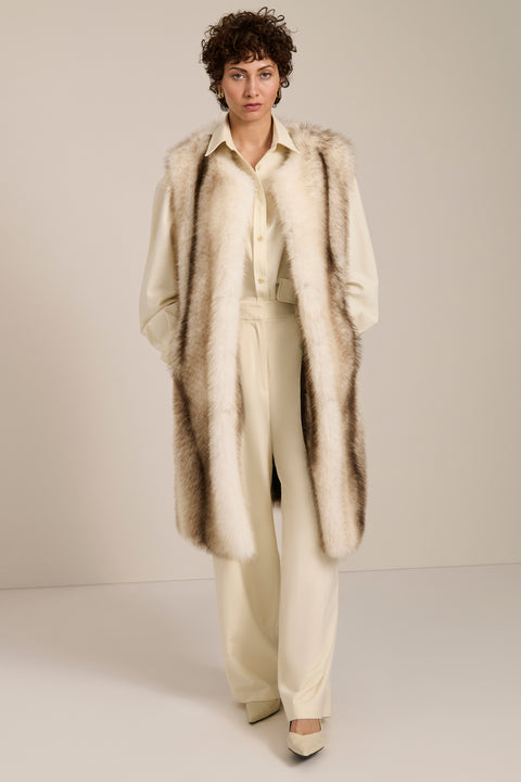 Frost-tipped faux fur long vest with collarless neckline, hook-and-eye closure and side seam pockets.