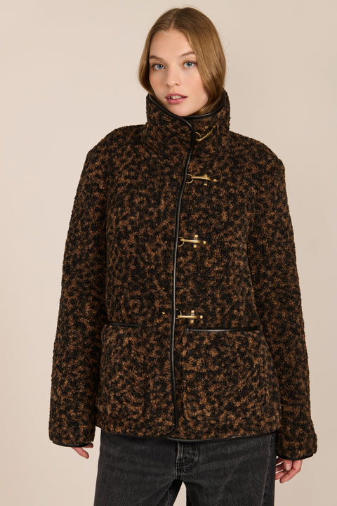 women's Leopard Print Toggle Fleece Jacket in brown and black with faux leather trim, high stand collar and gold-tone toggle closures.