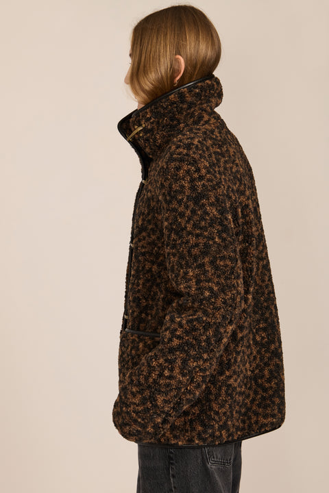 women's Leopard Print Toggle Fleece Jacket in brown and black with faux leather trim, high stand collar and gold-tone toggle closures.