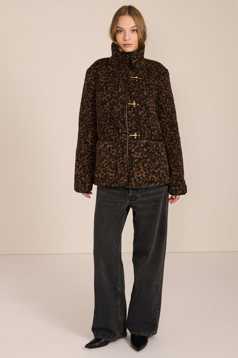 women's Leopard Print Toggle Fleece Jacket in brown and black with faux leather trim, high stand collar and gold-tone toggle closures.