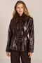 women's brown croc-embossed faux leather jacket with a removable faux fur collar and adjustable drawstring waist.