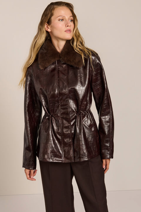 women's brown croc-embossed faux leather jacket with a removable faux fur collar and adjustable drawstring waist.