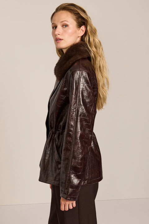 women's brown croc-embossed faux leather jacket with a removable faux fur collar and adjustable drawstring waist.