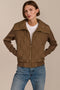 Women's quilted bomber jacket with knit sleeves.