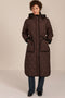 women's Long Quilted Puffer Coat with drawstring waist, hood, diamond quilting and longline silhouette.