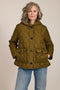 Women's diamond quilted hooded jacket with drawcord waist and oversized patch pockets.