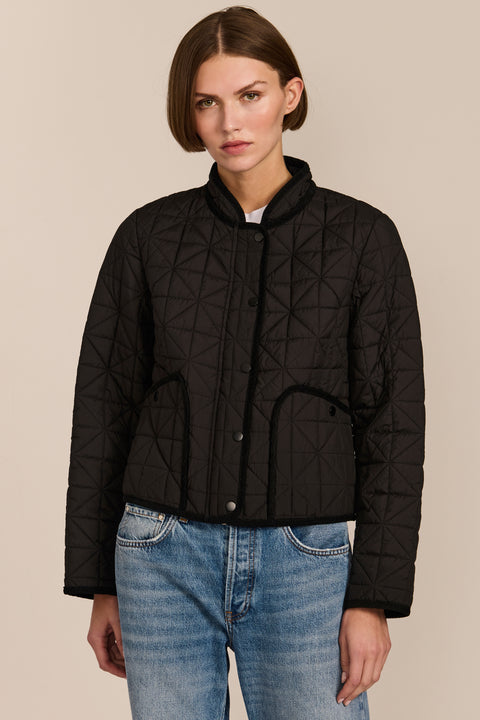 Women's Geometric Quilted Jacket with contrast binding, snap front and patch pockets.