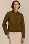 Women's Geometric Quilted Jacket with contrast binding, snap front and patch pockets.