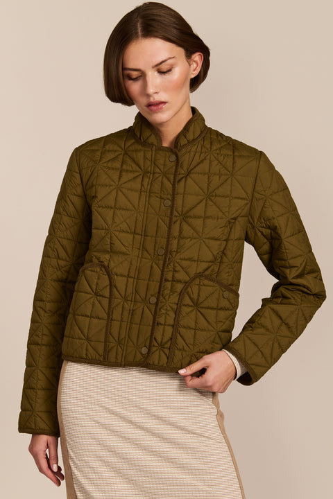 Women's Geometric Quilted Jacket with contrast binding, snap front and patch pockets.