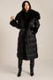 Full-length puffer coat with faux fur shawl collar, faux fur trim, self-tie belt and insulated design.