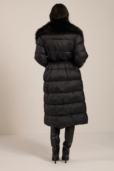 Full-length puffer coat with faux fur shawl collar, faux fur trim, self-tie belt and insulated design.