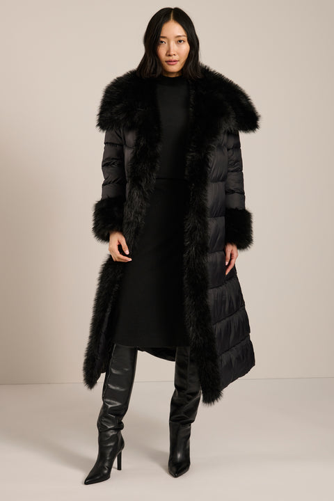 Full-length puffer coat with faux fur shawl collar, faux fur trim, self-tie belt and insulated design.