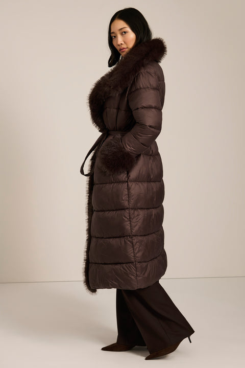 Full-length puffer coat with faux fur shawl collar, faux fur trim, self-tie belt and insulated design.