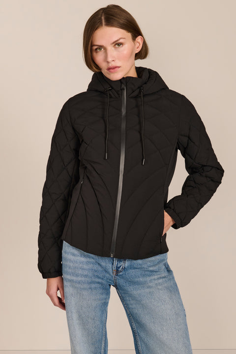women's Quilted Puffer Jacket with geometric quilting, neoprene side panels, drawstring hood and contrast black zipper.