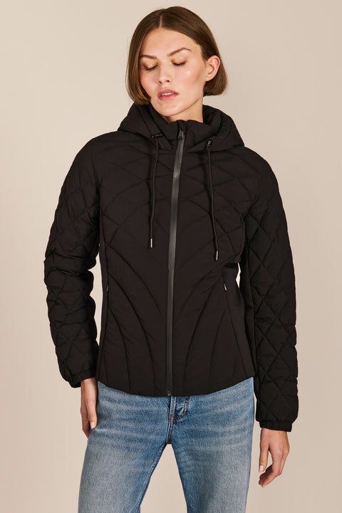 women's Quilted Puffer Jacket with geometric quilting, neoprene side panels, drawstring hood and contrast black zipper.