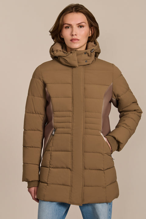 women's hooded puffer coat with horizontal quilting, flexible neoprene side panels, high collar and zip pockets.