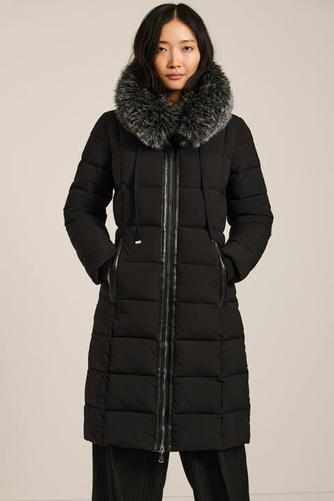 Mid-length hooded puffer coat with faux fur trim, faux leather trim, zip pockets and elastic back waist.