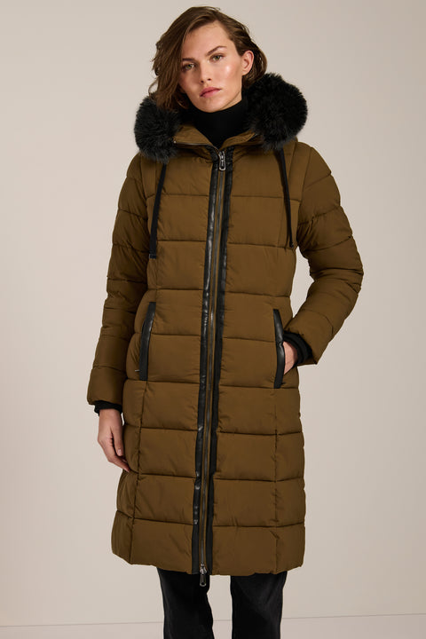Mid-length hooded puffer coat with faux fur trim, faux leather trim, zip pockets and elastic back waist.