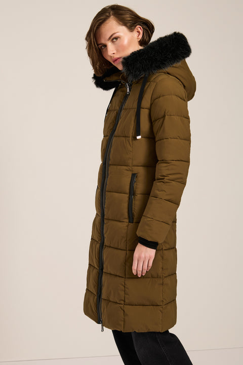 Mid-length hooded puffer coat with faux fur trim, faux leather trim, zip pockets and elastic back waist.