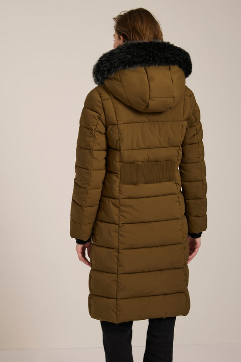 Mid-length hooded puffer coat with faux fur trim, faux leather trim, zip pockets and elastic back waist.