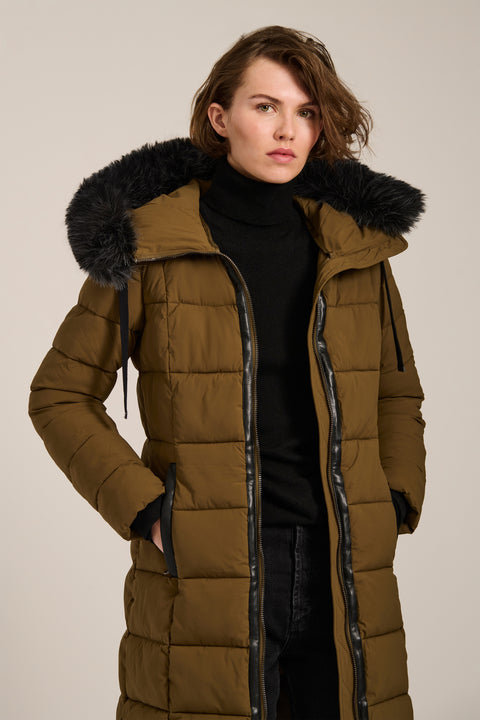 Mid-length hooded puffer coat with faux fur trim, faux leather trim, zip pockets and elastic back waist.