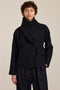 Women's wool-blend wrap jacket with oversized convertible collar and patch pockets.