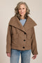Women's wool-blend wrap jacket with oversized convertible collar and patch pockets.