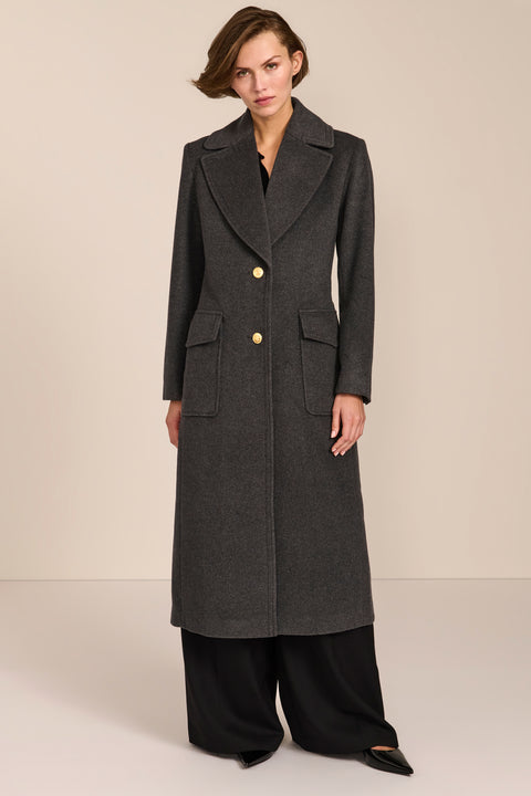 classic wool coat with calf length cut and patch pockets ideal for adding sophistication to everyday outfits