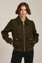 Women's plaid bomber jacket with rib-knit trim, zip-front closure, and utility pockets in olive green