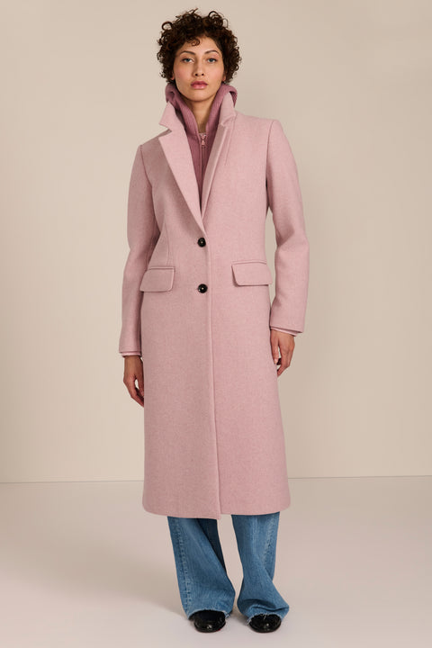 women's wool coat with a notched collar, flap pockets and zip-front hooded knit bib.
