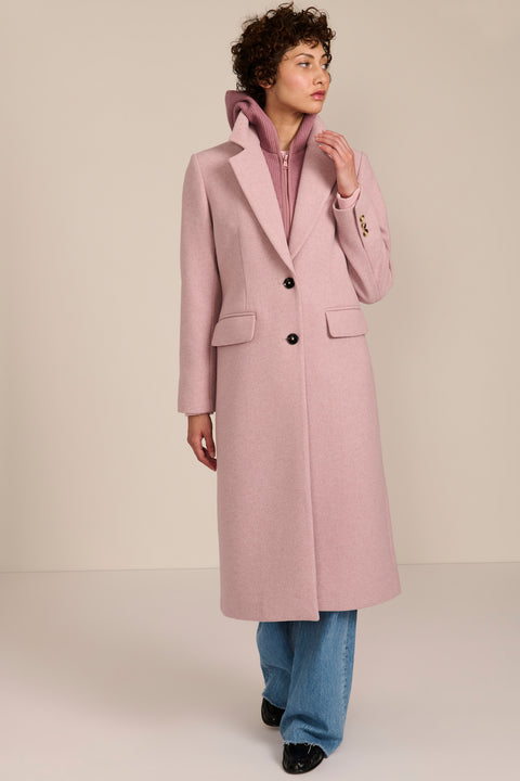 women's wool coat with a notched collar, flap pockets and zip-front hooded knit bib.