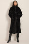 Long faux fur coat with chevron-textured finish, notch collar, button-front closure and full-length silhouette