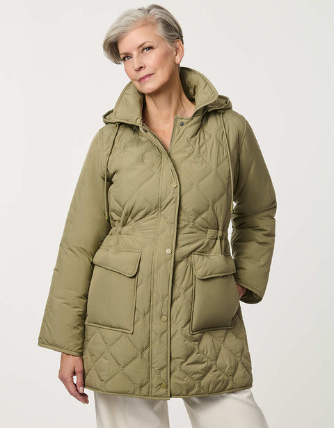 Women’s quilted utility jacket with flap pockets, snap front closure, attached hood, and cinched drawstring waist.