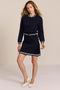 women's navy knit bomber jacket with zip front and ivory striped collar, cuffs and hem.