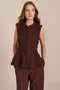 women's chocolate brown faux suede peplum top featuring a sleeveless silhouette, band collar, tonal covered buttons and flared hem.