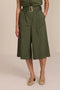 women's olive belted wide-leg culottes with patch pockets, cropped length and statement buckle.