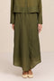 women's asymmetrical maxi skirt in olive green with a fluid silhouette and softly draped hem.