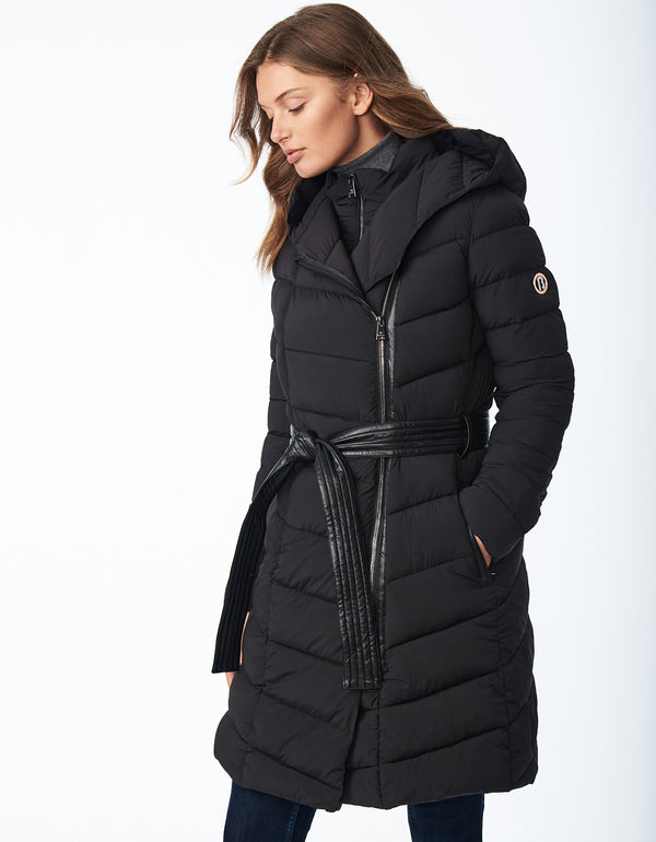 womens perfect walker length puffer jacket that is made from post consumer plastic bottles