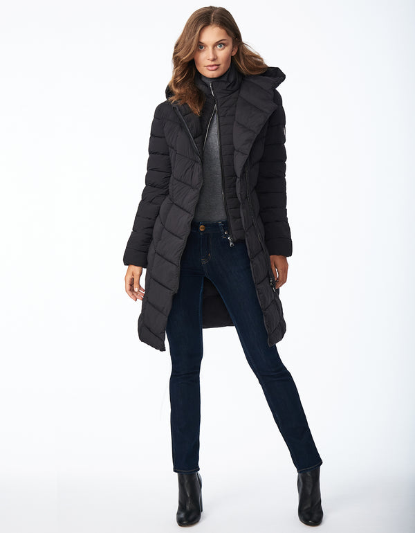 classic fit with belt knee length walker puffer jacket for women with off center zip front silhouette with hood