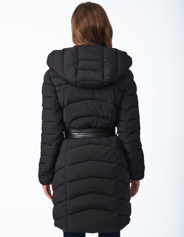 black puffer jacket for women with zip off vest hand pockets glossy belts made from recycled polyester