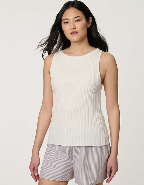 Women’s Bright White ribbed boatneck knit tank with sleeveless fitted design.