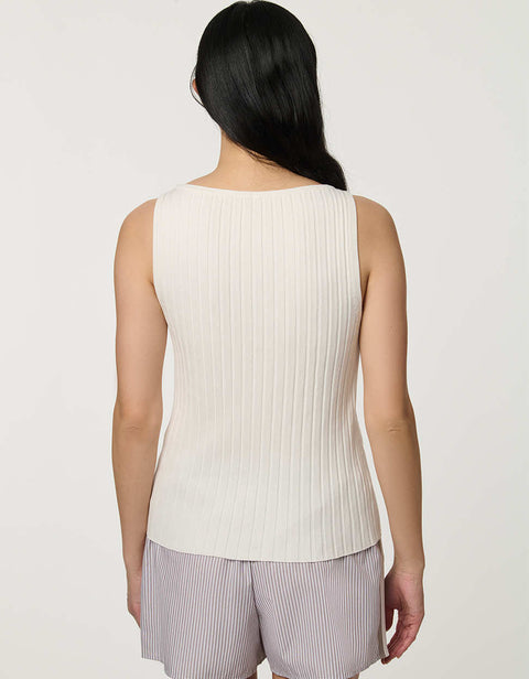 Women’s Bright White ribbed boatneck knit tank with sleeveless fitted design.