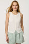 Women’s Bright White ribbed knit sleeveless top with button-front detail and fitted silhouette.