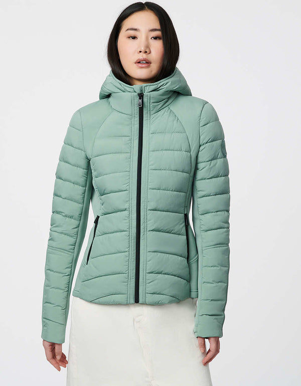 packable lightweight hooded jacket for women with double puffer warmth in light green