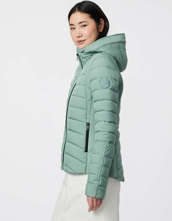 hip length slim fit light green puffer jacket designed for womens comfort and style
