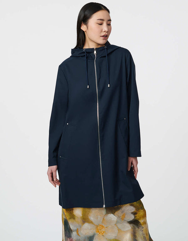 step out confidently in this water resistant hooded raincoat in a relaxed mid length style