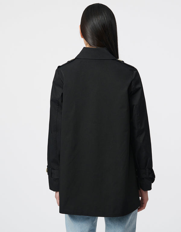 hip length black short trench coat designed sustainably for modern women in classic contrast style