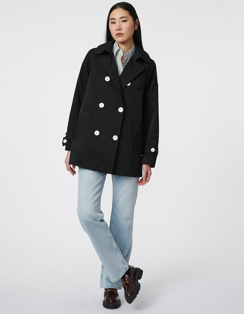 modern womens black short trench coat in classic contrast style ideal for transitional weather