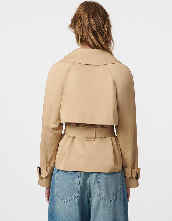 this taupe colored cropped trench coat with belt provides is ideal for layering to create a statement look